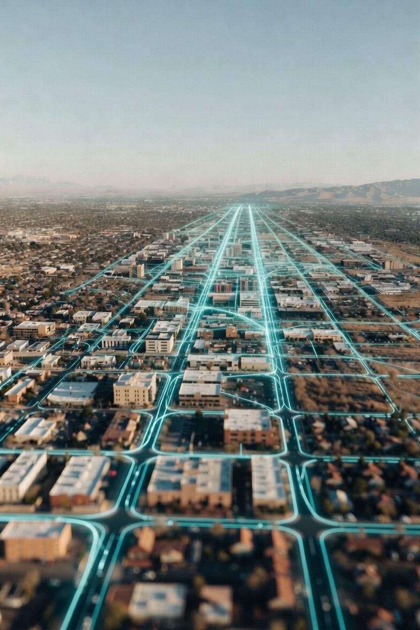 Aerial view of Mesa with fiber network lines
